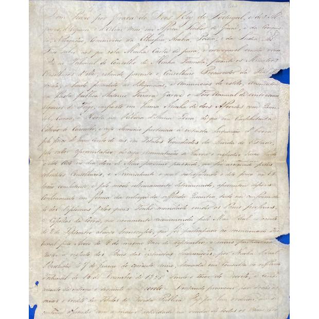 MANUSCRITO. D. PEDRO IV. CARTA RÉGIA sobre um foro anual dado a António Pereira Garcia em Estremoz, que era propriedade extinta da inquisição de Évora. 