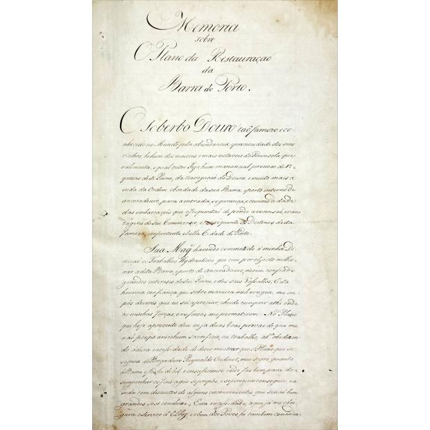 MANUSCRITO - MEMÓRIA SOBRE O PLANO DE ABERTURA E RESTAURAÇÃO DA BARRA DO PORTO que para mais dignamente ter a honra de subir...foi composta e offereciada á illustrissima Junta da Companhia Geral d'Agricultura das Vinhas do Alto douro... por Coronel Luiz Gomes de Carvalho do Real Corpo de Engenheiros e diretor das Obras da Barra do Porto. 