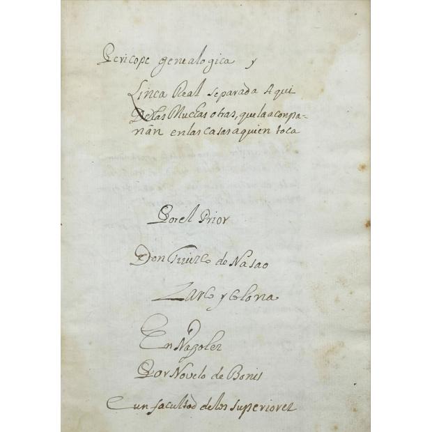 MANUSCRITO - COLONA, D. Tivisco de Nasão Zarco y. - PERICOPE GENEALOGICA Y LINEA REAL SEPARADA AQUI DE LAS MUCHAS OTRAS, QUE LA ACONPANAM EM LAS CASAS A QUIEN TOCA. En Napoles. Por Novelo de Bonis. (Séc. XVIII).