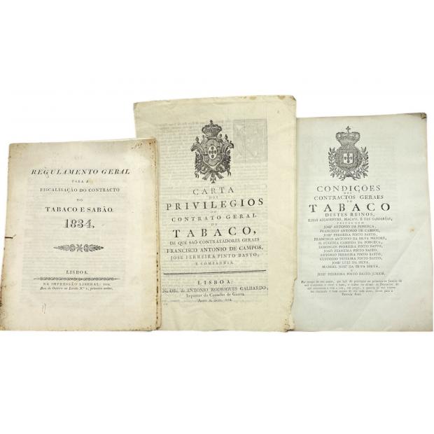 TABACO. Lote de 2 alvarás e 1 regulamentos. Século XIX. 