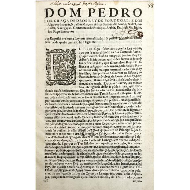 SUCESSÃO REAL. LEY porque V. Magestade há por bem declarar, & sendo necessário derrogar o das Cortes de Lamego