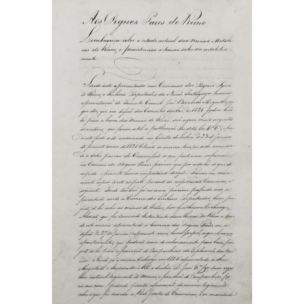 Manuscrito - LEMBRANÇA SOBRE O ESTADO ACTUAL DAS MINAS E METALICAS do Reino, e providencias a tomar sobre seu restabelecimento. Por Joaquim Pedro Fragoso da Mota Siqueira.