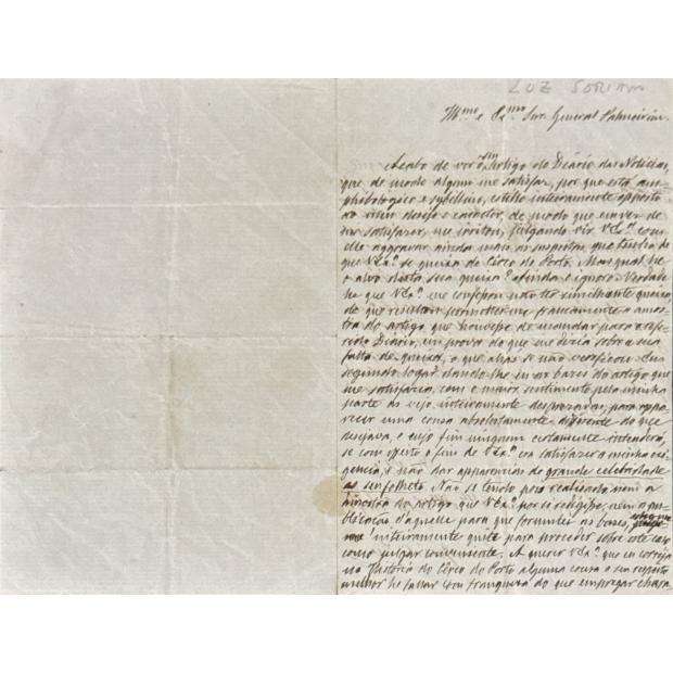 MANUSCRITO. CARTA DE SIMÃO JOSÉ DA LUZ SORIANO dirigida ao General Augusto Xavier Palmeirim. 